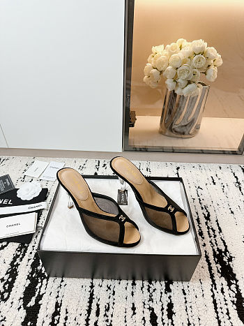 Chanel black mesh peep toe CC mules 7cm