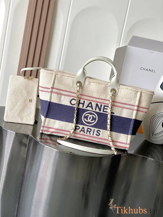 Chanel Canvas Deauville Tote bag in ecru and blue stripes 35*27*16cm - 1