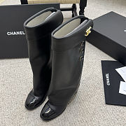 Chanel black leather fold-over boots with a cap toe and button details  - 6