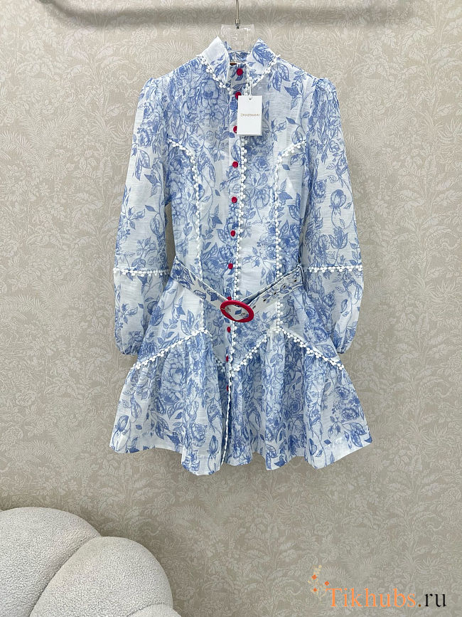 Zimmermann Floral Mini Dress, Mock Neck, Puff Sleeves, Belted Waist  - 1
