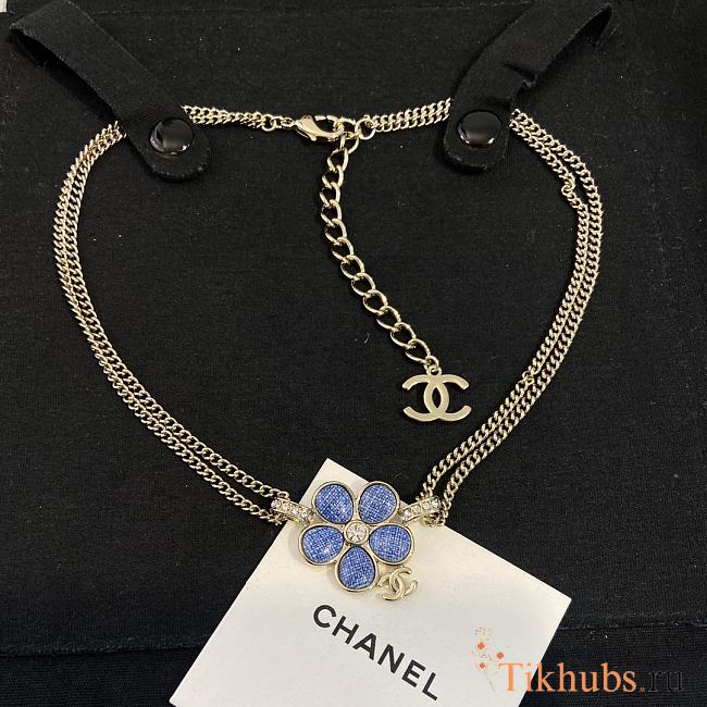 Chanel Blue Camellia Enamel Crystal Necklace with light gold hardware - 1