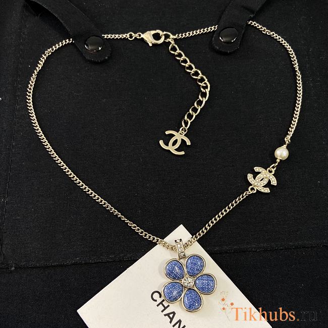  Chanel Blue Camellia Enamel Crystal Necklace - 1