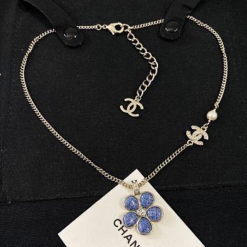  Chanel Blue Camellia Enamel Crystal Necklace