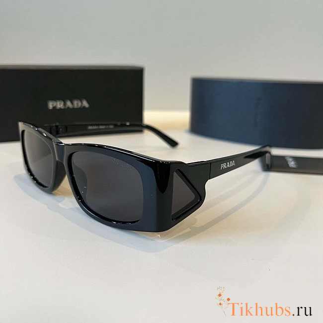 Prada PR B03S rectangular sunglasses in black acetate with grey tinted lenses - 1
