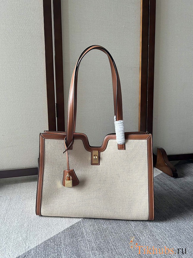 Celine Cabas 16 tote bag in natural textile and tan calfskin with gold finishing 37×15×27 cm - 1