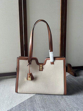Celine Cabas 16 tote bag in natural textile and tan calfskin with gold finishing 37×15×27 cm