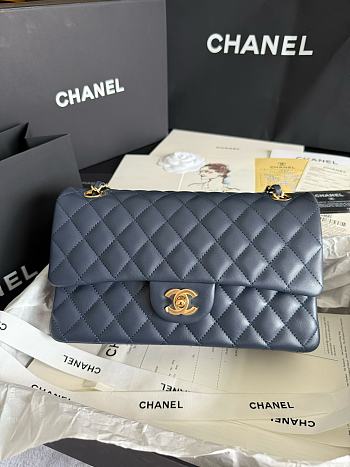 Chanel Classic Flap bag in navy blue lambskin with gold hardware 25 cm