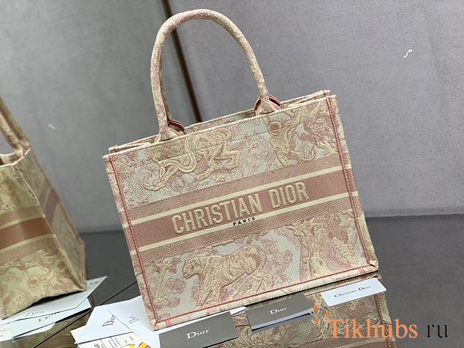 Christian Dior Medium Book Tote in ecru and pink Toile 36 cm - 1