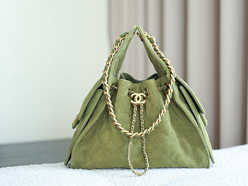 Chanel 25 hobo bag in khaki suede with antique gold hardware 30x26x14 cm