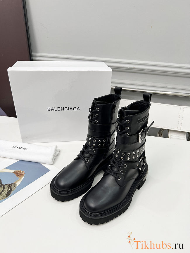 Balenciaga black leather boots with straps and studded details - 1