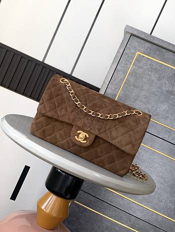 Chanel Classic Double Flap Bag Medium Brown Suede Leather Gold 25cm