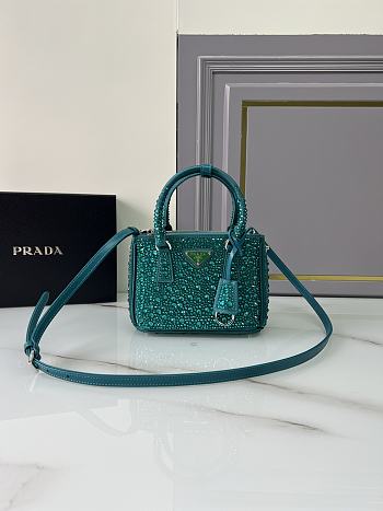 Prada Galleria satin mini-bag embellished with all-over synthetic crystals in a turquoise green color 20x14.5x9.5cm