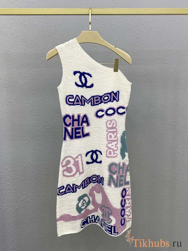 Chanel off-white cotton knit one-shoulder mini dress - 1