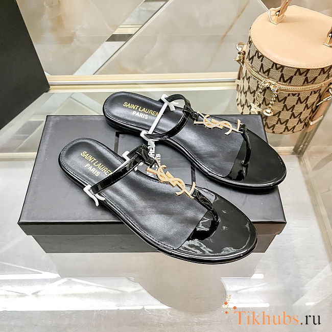 Saint Laurent Cassandra flat sandals in black patent leather - 1