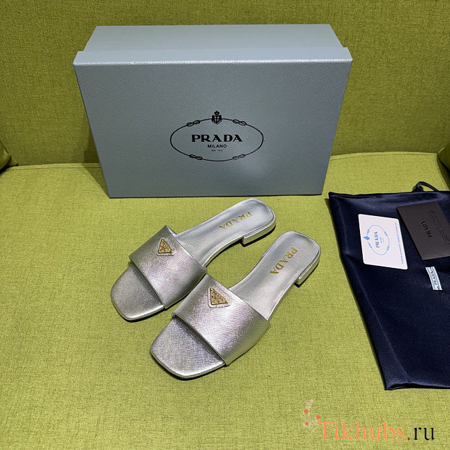 Prada Saffiano Silver Slides - 1
