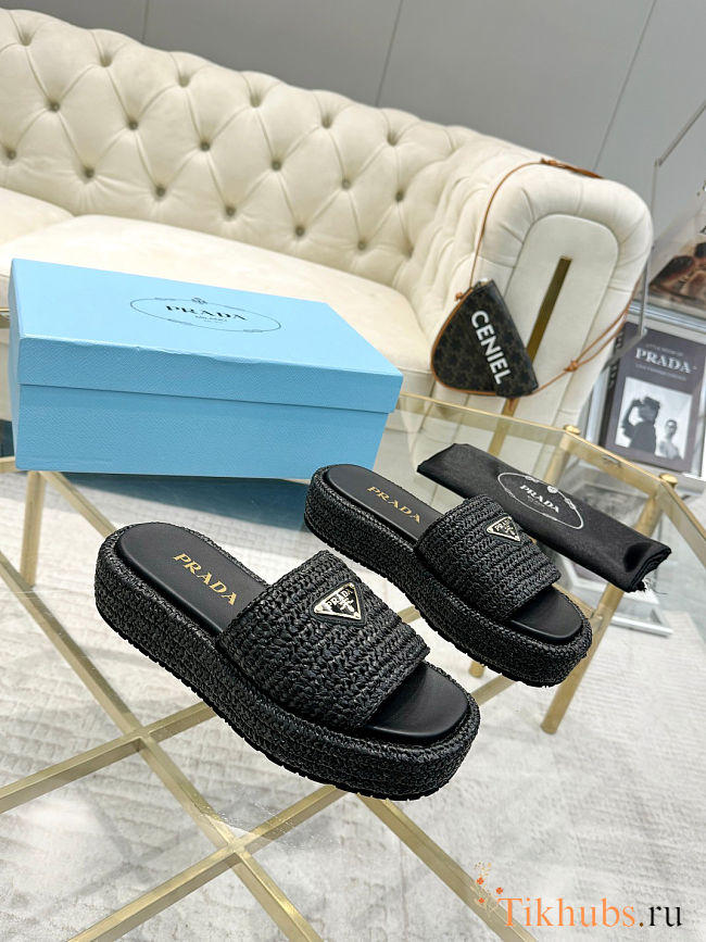 Prada Logo-plaque Crochet Woven Sliders - 1