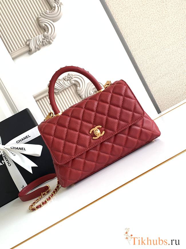Chanel Quilted Caviar Mini Coco Top Handle Red Bag 23cm - 1