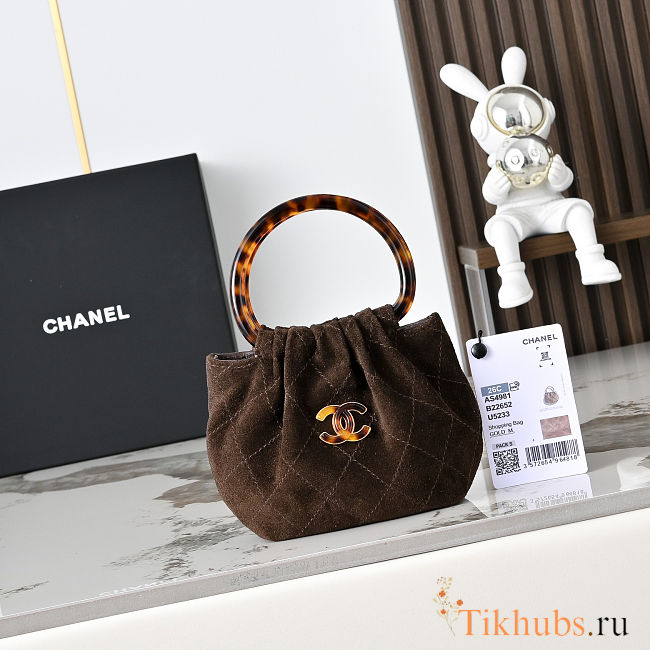 Chanel AS4981 shopping bag in brown suede with a tortoise handle 9X12X8cm - 1