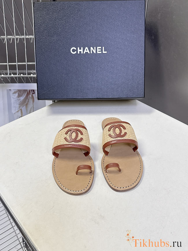 Chanel Beige & Brown Raffia Lambskin Sandals - 1