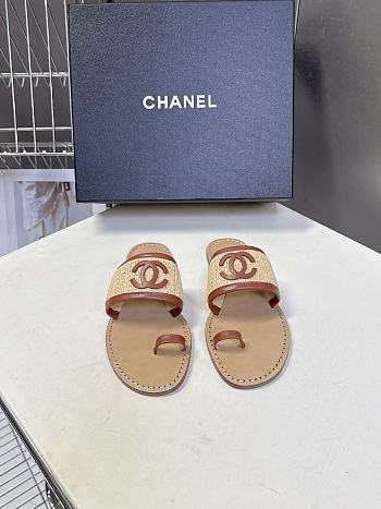 Chanel Beige & Brown Raffia Lambskin Sandals