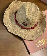 Miu Miu Beige/burgundy Raffia And Leather Hat  - 1