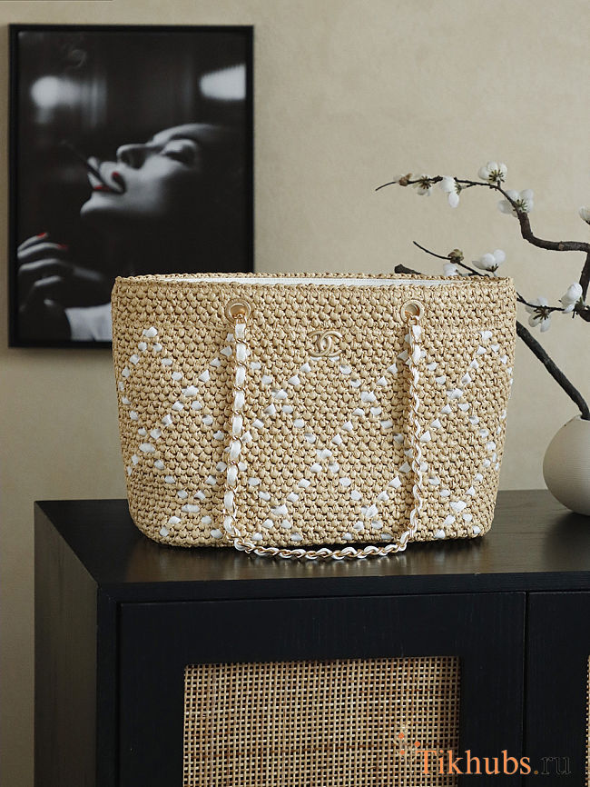 CHANEL Large Braided raffia Beige & Ecru Tote Bag 32×23×14cm - 1