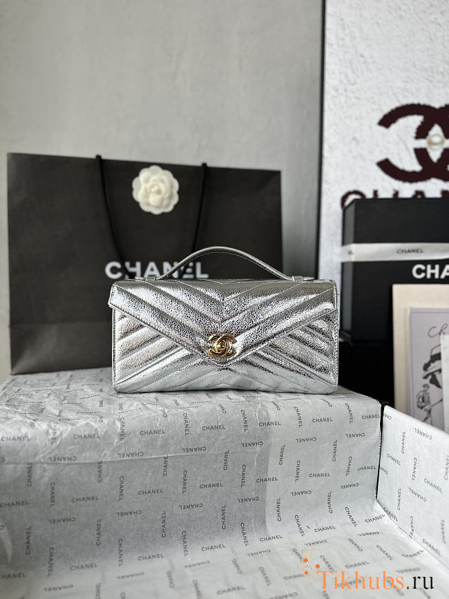 Chanel Chevron Clutch Metallic Silver 10x26x5cm - 1