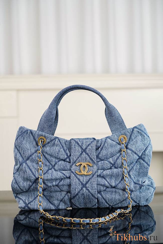 Chanel Washed Denim Quilted Mini Bow Bag Blue 29x38x5cm - 1