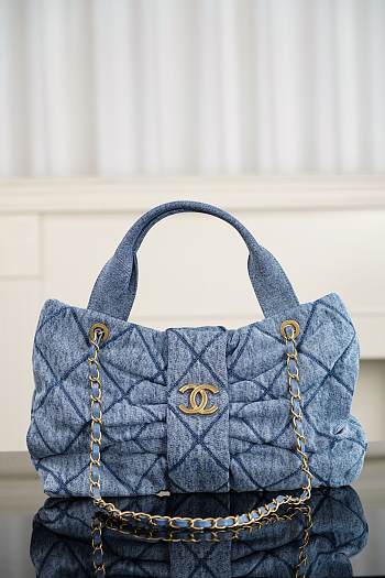 Chanel Washed Denim Quilted Mini Bow Bag Blue 29x38x5cm