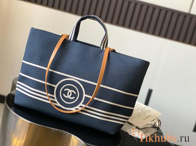 Chanel Blue/White Striped Denim CC Large Shopping Tote Bag 30x22x14cm - 1