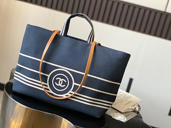 Chanel Blue/White Striped Denim CC Large Shopping Tote Bag 30x22x14cm
