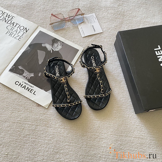 Chanel Quilted Leather & Gold Chain Strappy Flat Sandals - 1