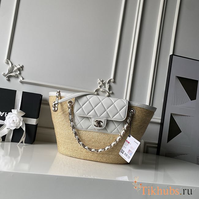 Chanel Large Shopping Tote Bag Beige Raffia and White Lambskin Light Gold Hardware 26×54×18cm - 1