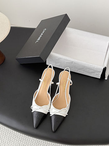 Chanel White & Black CC Bow Slingback Heels.