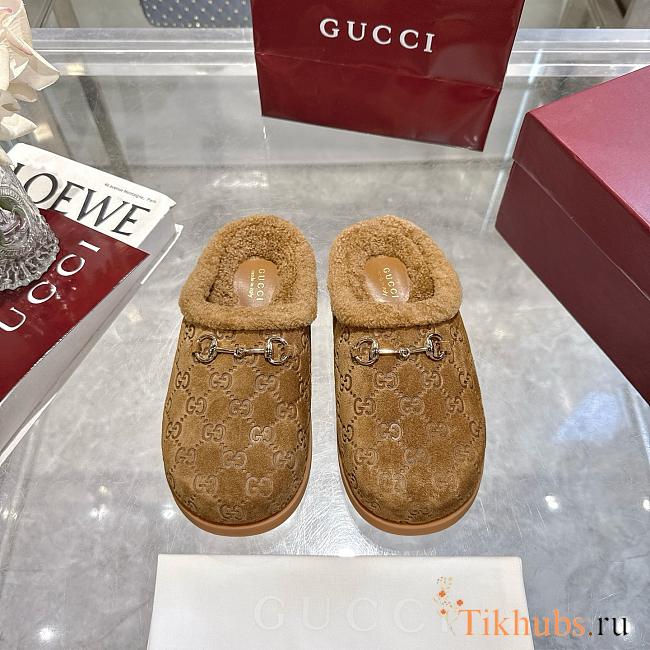 Gucci New Sol Suede Shearling Horsebit Mules - 1