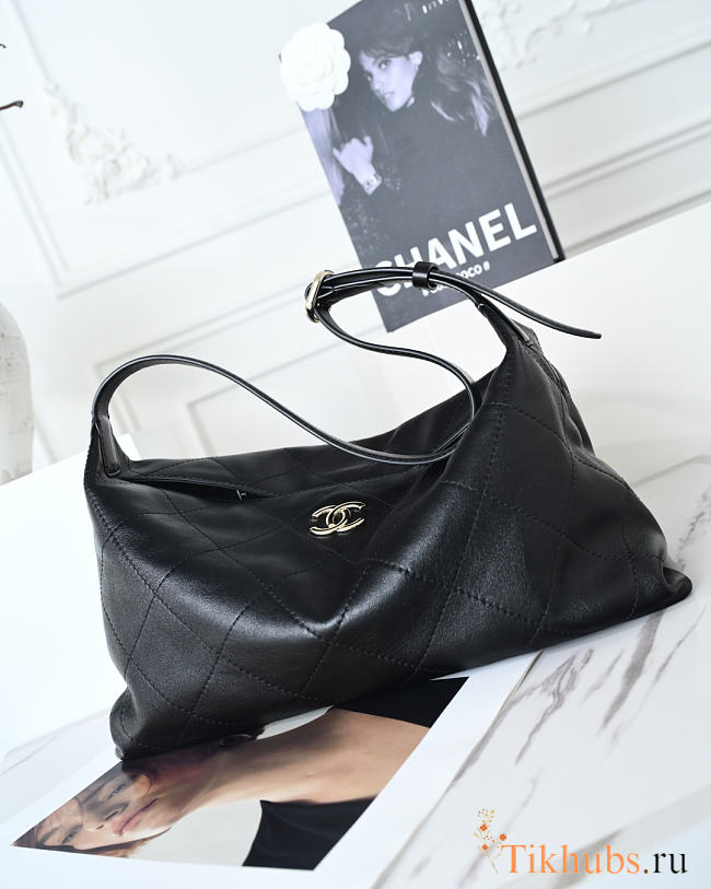 CHANEL Maxi Hobo Bag Shiny Lambskin & Gold Tone Metal Black 17x35x9cm - 1