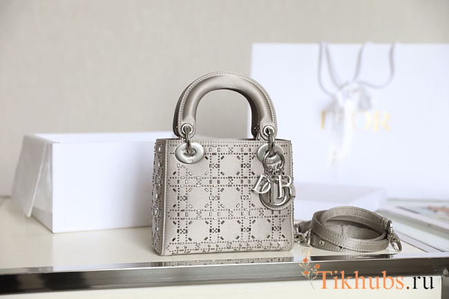 Mini Lady Dior Bag in Grey Cannage Satin with Rhinestones 17x15x7cm - 1