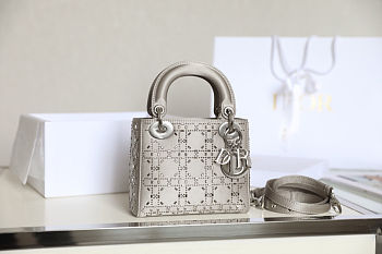 Mini Lady Dior Bag in Grey Cannage Satin with Rhinestones 17x15x7cm