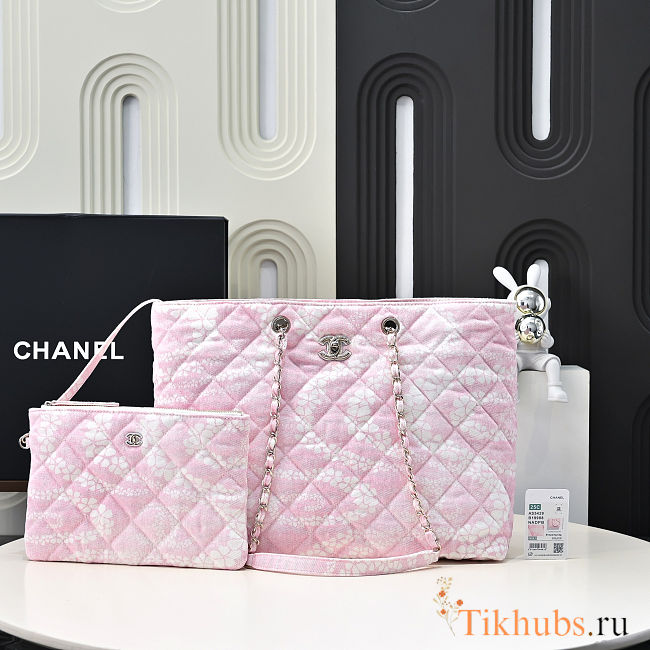 Chanel Printed Denim Quilted Coco Beach Pink Shopping Tote 28.5x37x13vm - 1