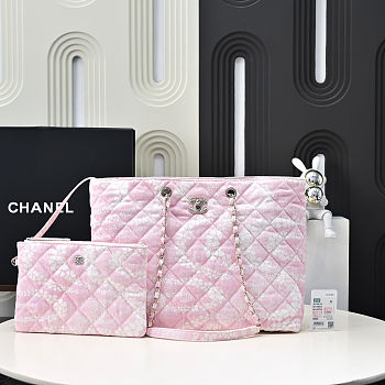 Chanel Printed Denim Quilted Coco Beach Pink Shopping Tote 28.5x37x13vm