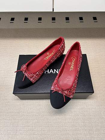 Chanel Red Tweed Tweed and Black Cap-Toe Ballet Flats
