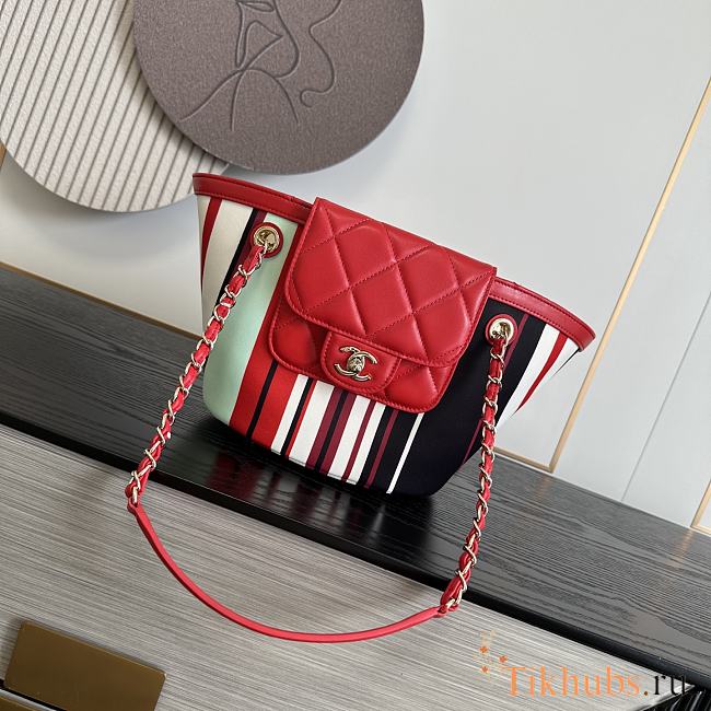 Chanel Striped Canvas Shopping Tote with Quilted Flap Bag 26x54x18cm - 1