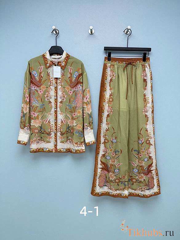 Zimmermann Tiggy Green Paisley Print Silk Shirt & Pants Set. - 1
