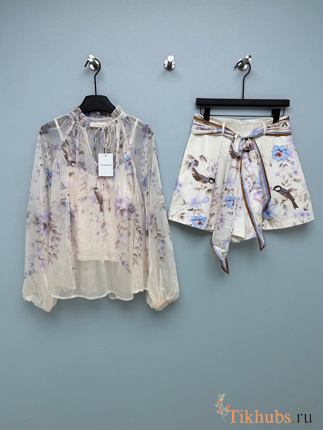  Zimmermann Mae Floral Bird Print Blouse and Shorts Set - 1