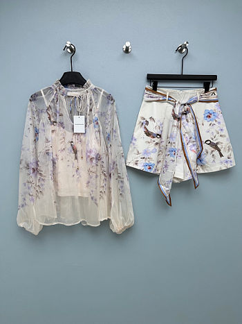  Zimmermann Mae Floral Bird Print Blouse and Shorts Set
