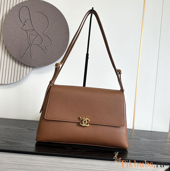 Chanel Grained Calfskin Maxi Flap Bag Brown Gold Hardware 32×20×10cm - 1