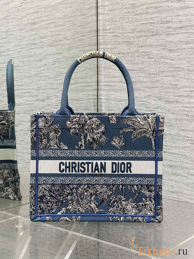 Christian Dior Blue Brocart Palm Tree Embroidered Book Tote 26x8x22cm - 1