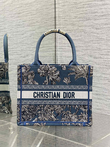 Christian Dior Blue Brocart Palm Tree Embroidered Book Tote 26x8x22cm