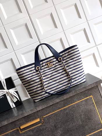 Chanel Large Striped Shopping Tote Blue Navy 46cm