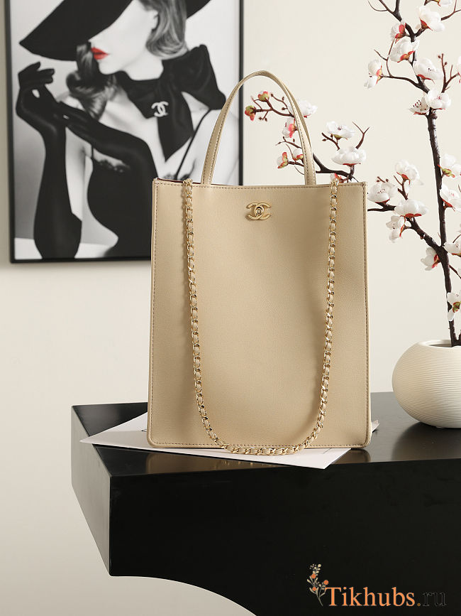 Chanel Small Shopping Bag Vertical Tote Calfskin Beige 28.6x23.5x9.5 - 1